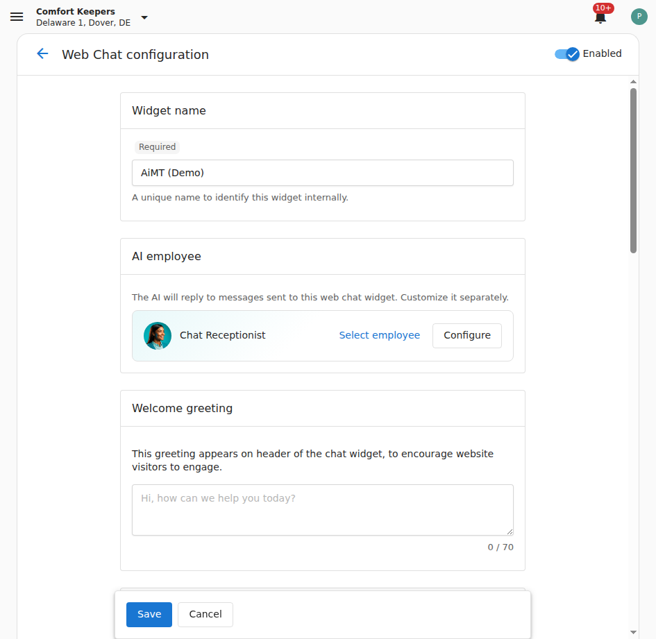 Web chat widget appearance settings